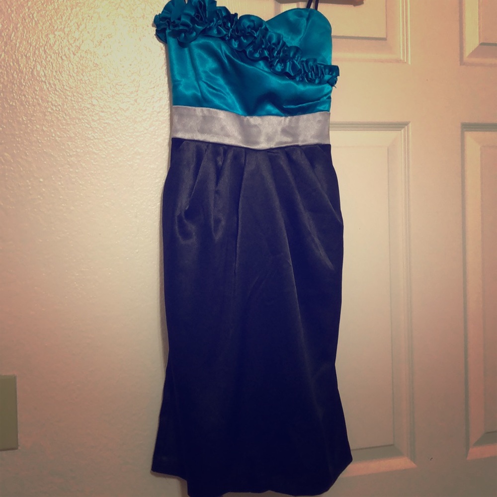 Teal silver and black strapless dress